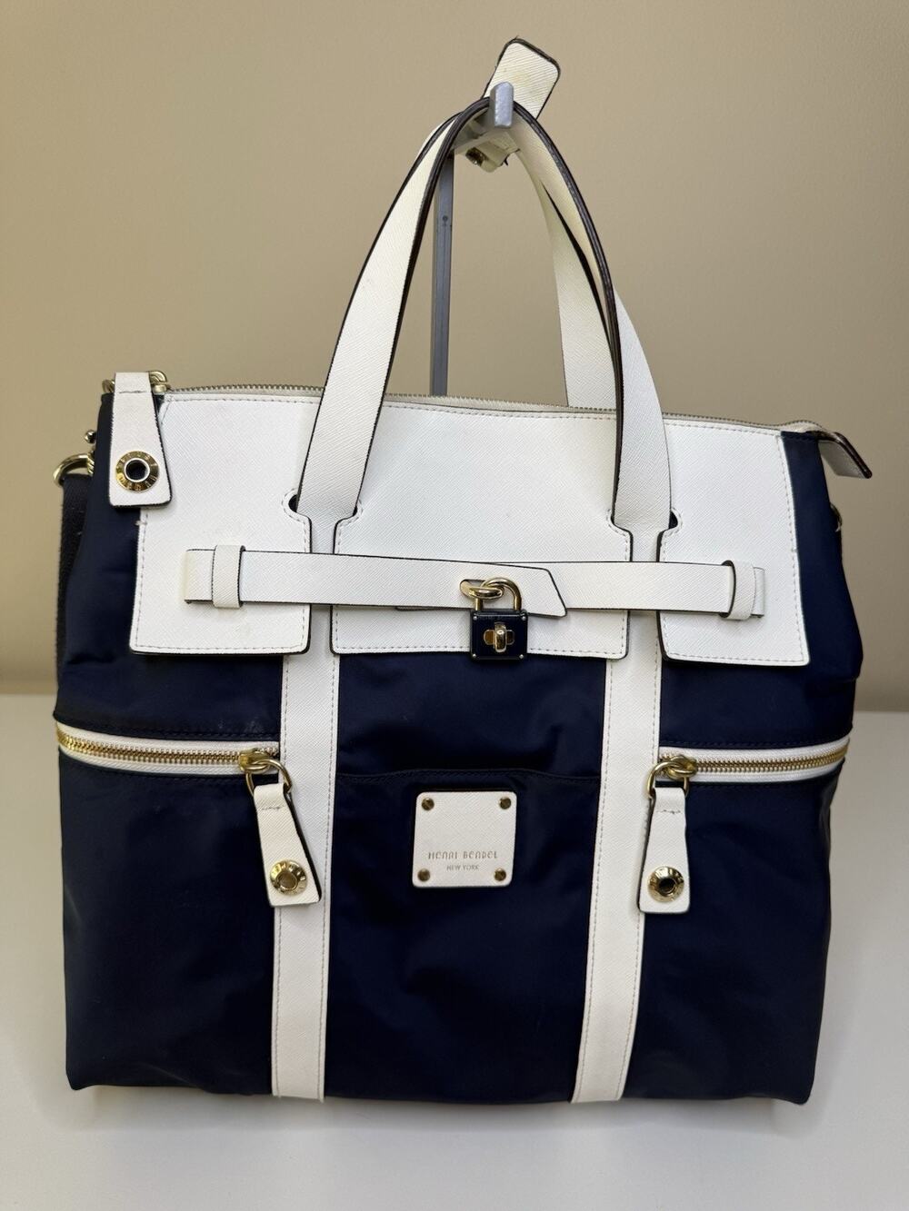 Henri Bendel Jetsetter Convertible Backpack Large Navy White Leather Zipper Tote